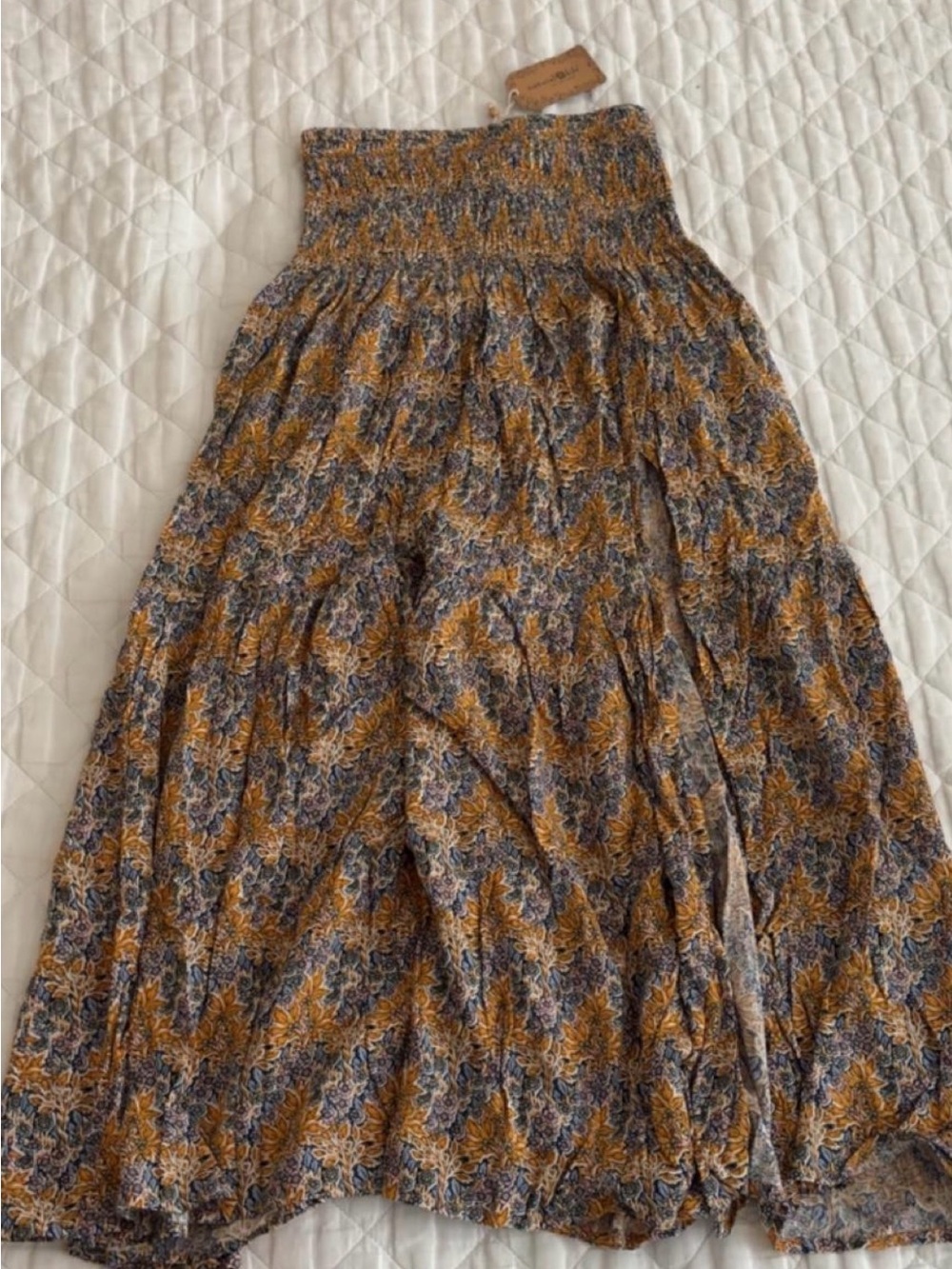 NATURAL LIFE Mustard and Navy Floral Smocked Maxi Skirt NWT